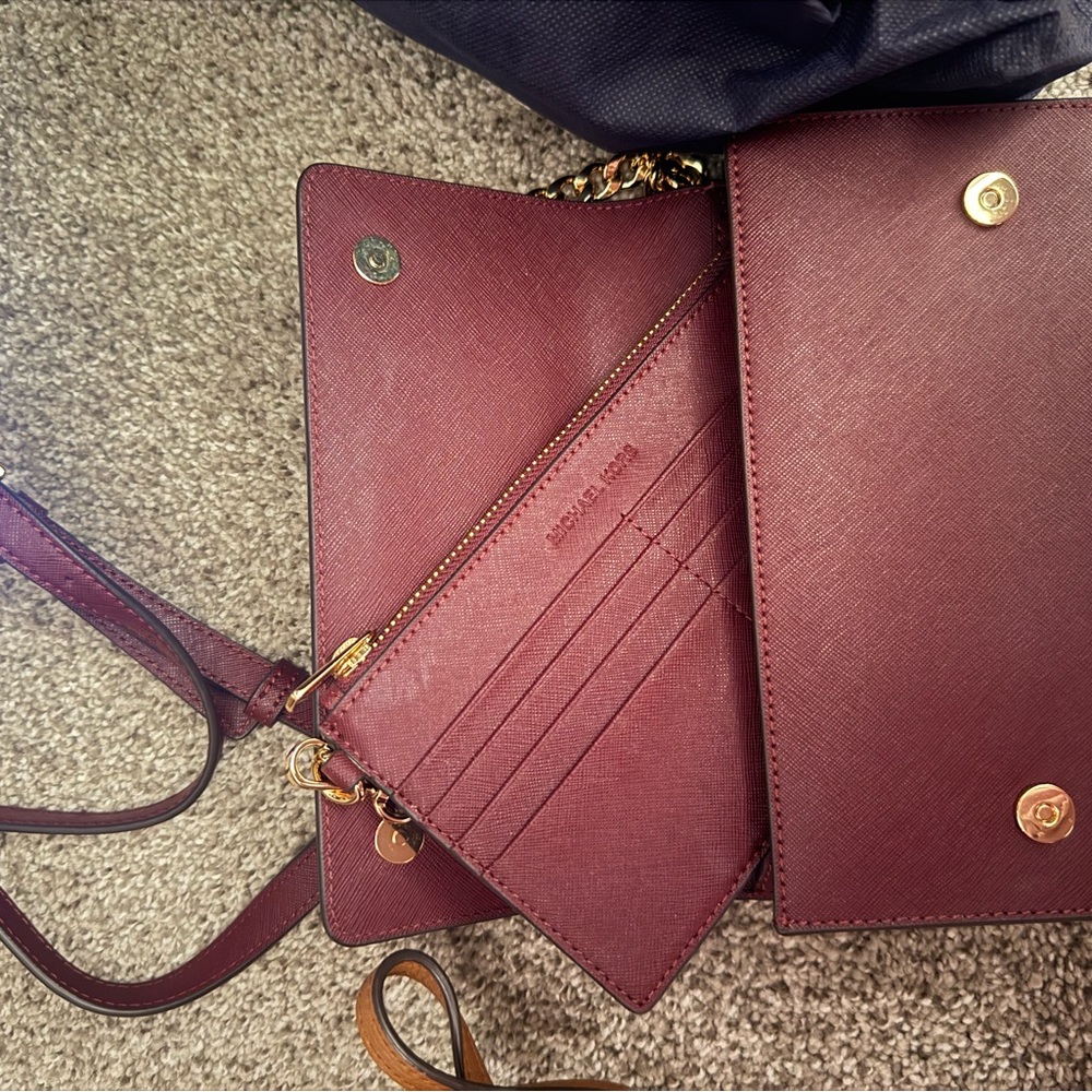 Michael Kors Maroon Crossbody Wallet with Gold Details